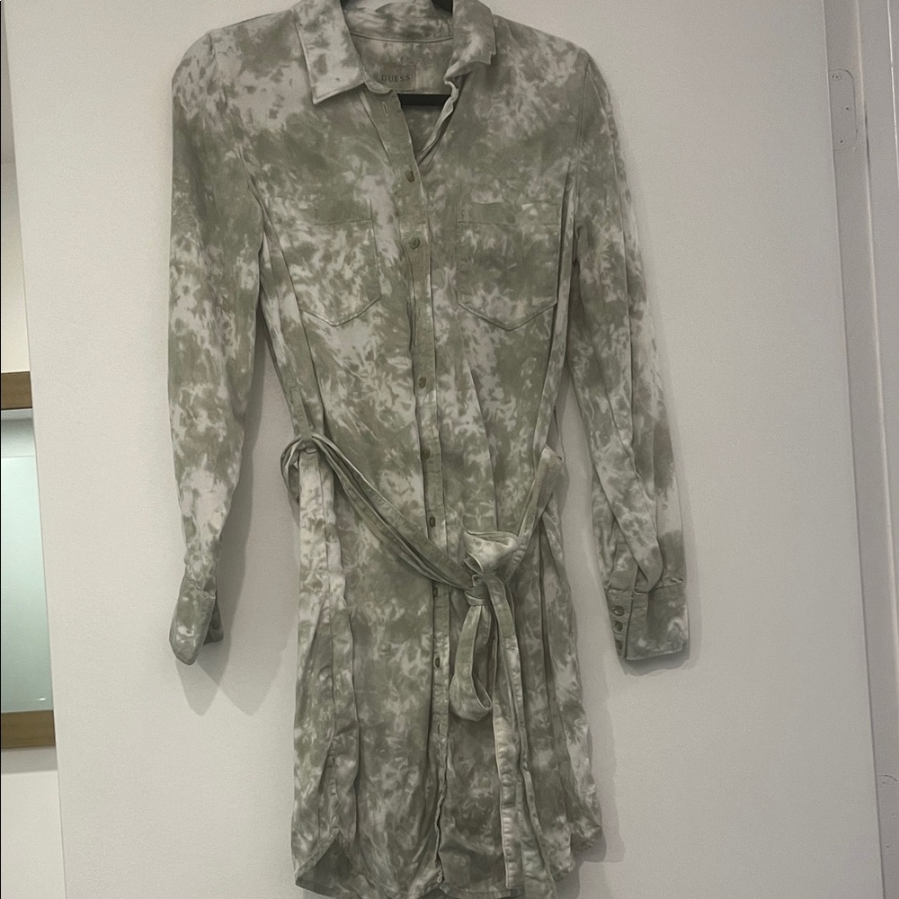 Guess tie dye belted mini long sleeve shirt dress- sage green & white
